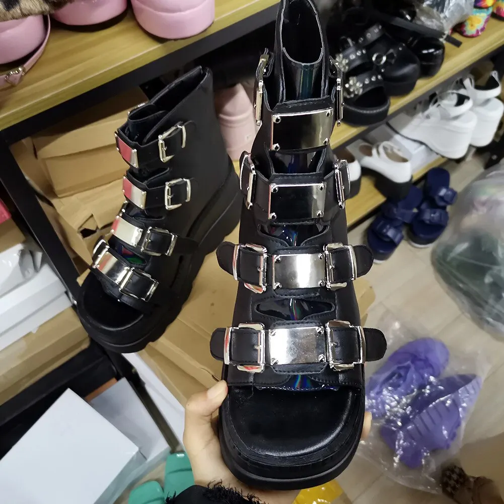 BONJOMARISA Dropshipping Brand Platform OPen Toe Wedges Goth Ankle Boots Women Buckle Peep Toe Multicolor Summer Women Shoes