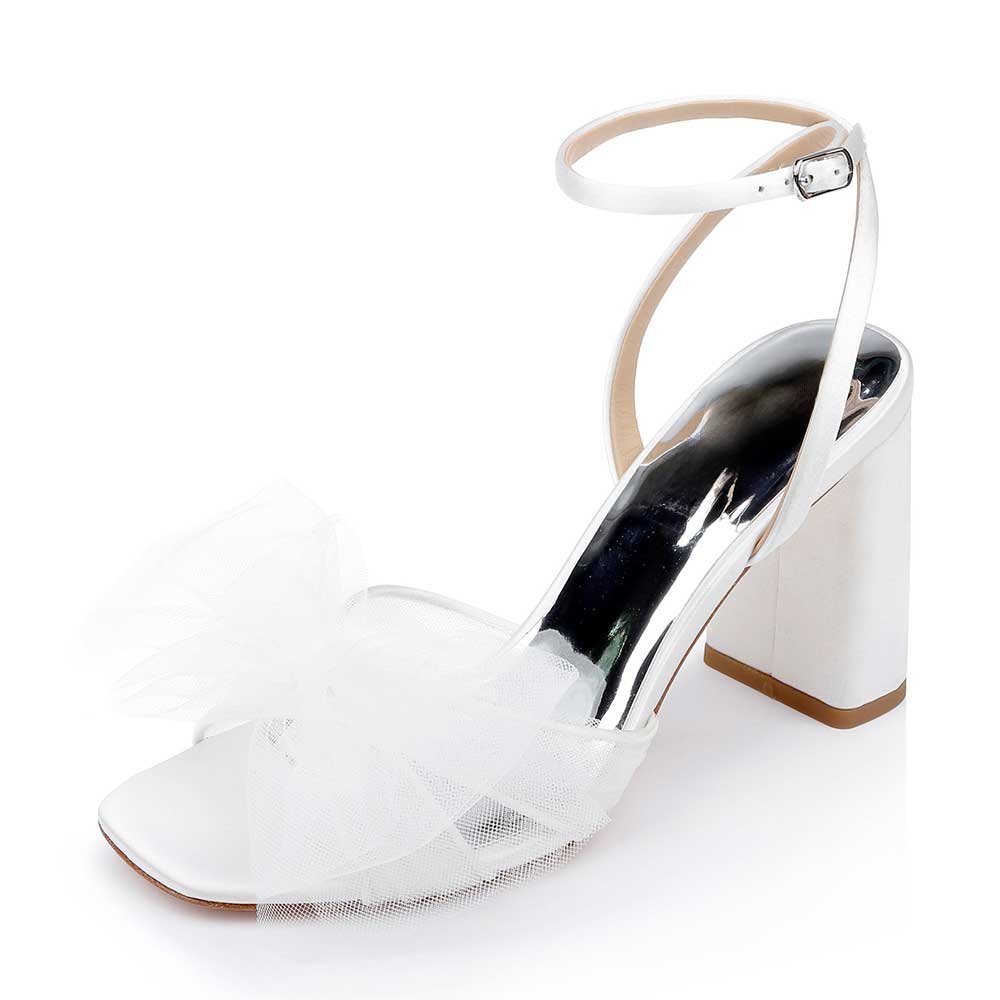 Women's White Satin Wedding Shoes Mesh Bow Decor Heeled Sandals
