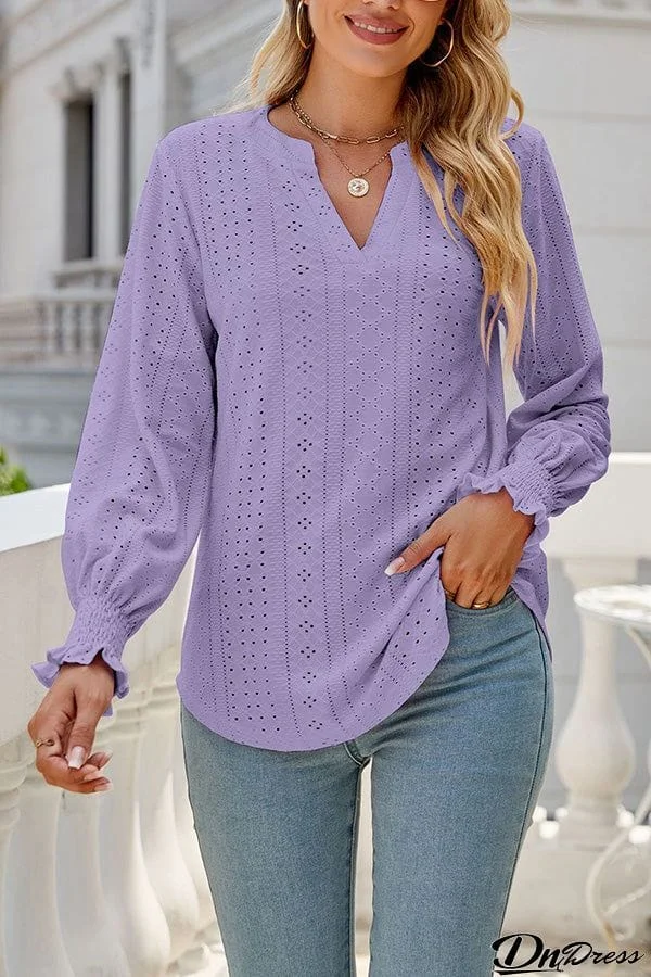 Solid color hollowed out gathered ruffle sleeve V-neck loose long-sleeved top