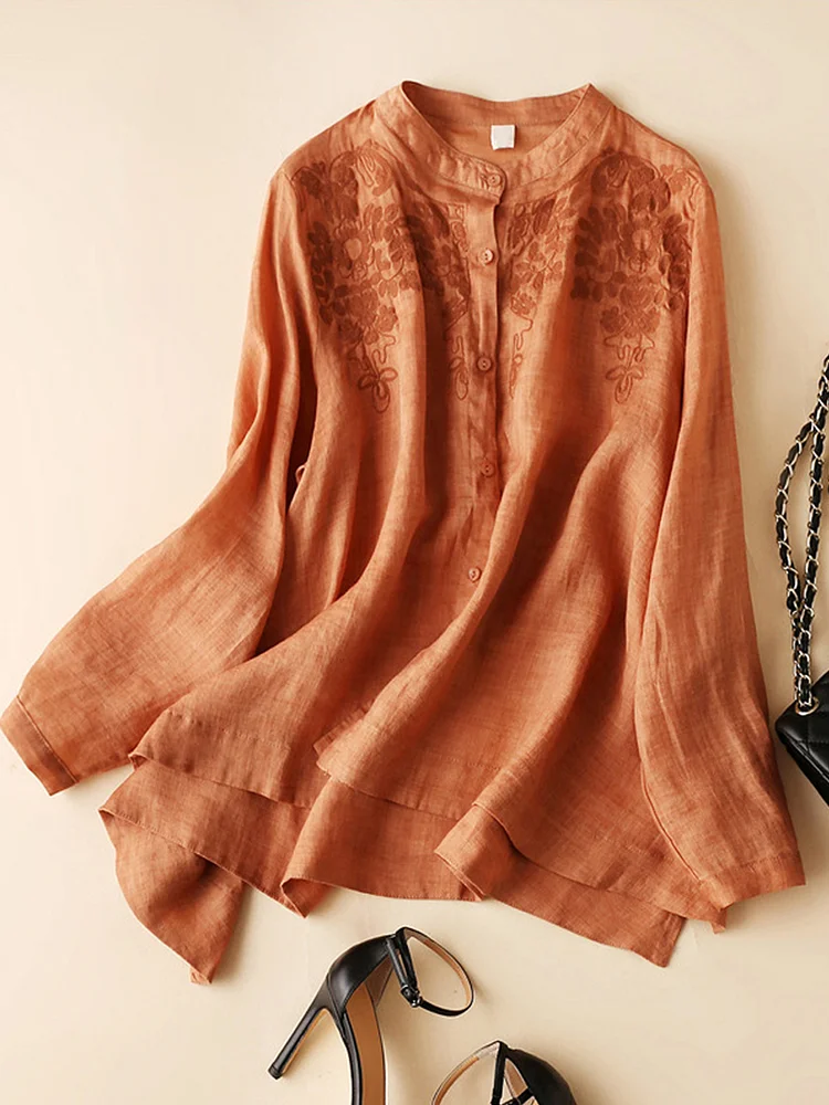 Embroidered Long-sleeved Cotton Blouse
