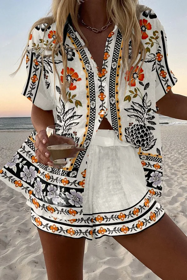 Ethnic Floral Print Loose Button Elastic Waist Shorts Set