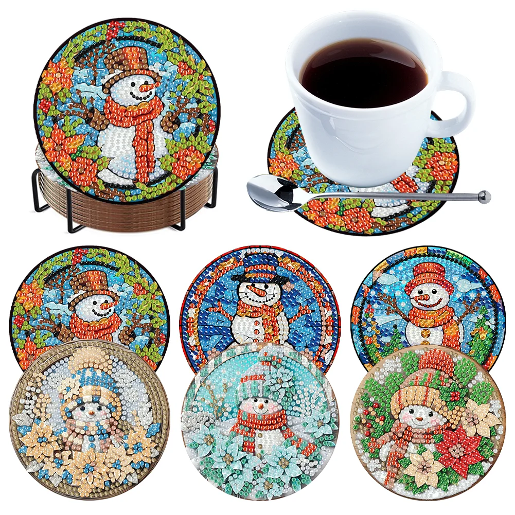 6Pcs Snowman Wooden Diamond Painting Coasters with Holder for Adults Beginners