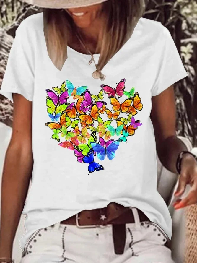Women’s Butterflies Heart Pattern Text Letters Crew Neck Loose Casual T-Shirt