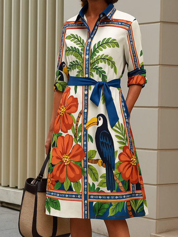 Buttoned Contrast Color Flower Print Pockets Tied Waist A-Line Long Sleeves Lapel Midi Dresses