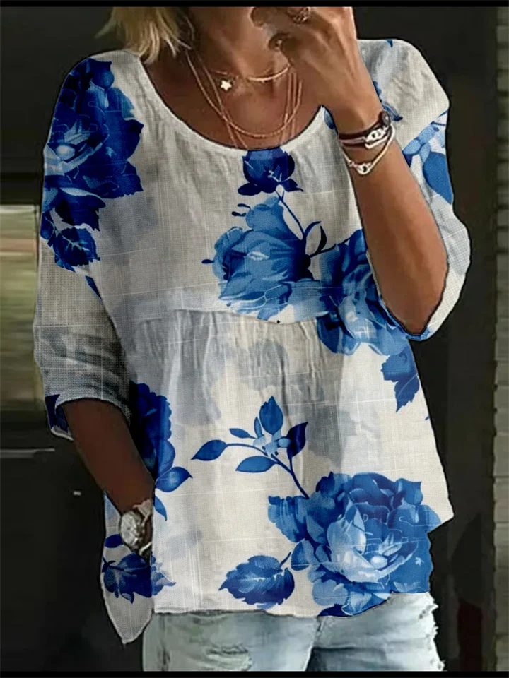 Women's T-Shirt Loose Printed Mid Sleeve Pleated Round Neck Top