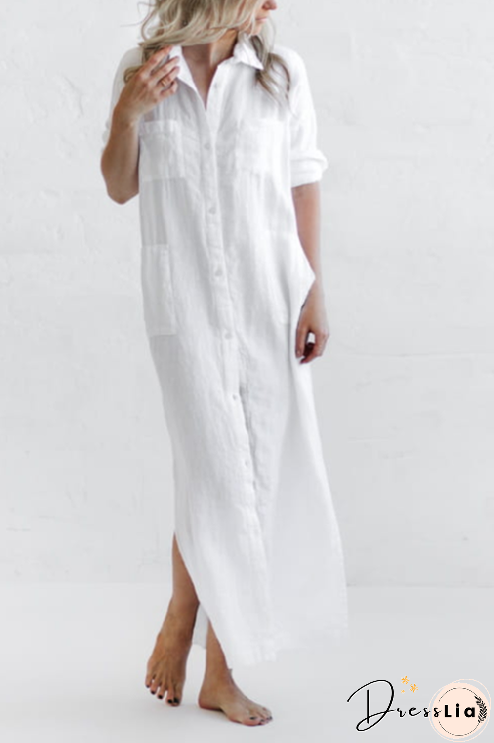 Linen Button Pockets Shirt Maxi Dress