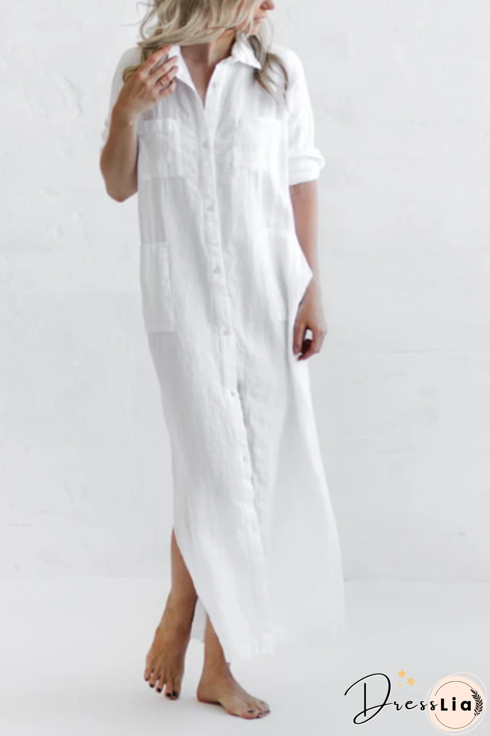 Linen Button Pockets Shirt Maxi Dress