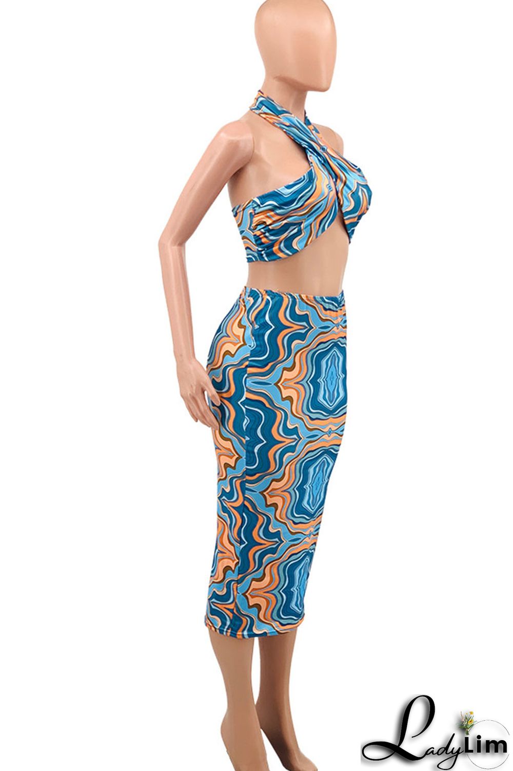 Royal Blue Sexy Print Patchwork Halter Plus Size Two Pieces