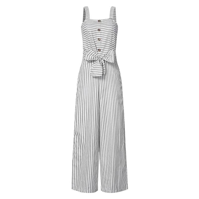 Celmia Women Sexy Sleeveless Jumpsuits Elegant OL Summer Rompers Casual Buttons Belted Striped Playsuits  Overalls