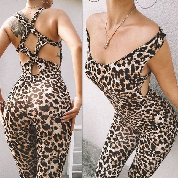 Women Fashion Leopard Printed Yoga Sports Fitness Overalls Bodysuit Sleeveless Backless Jumpsuit - Shop Trendy Women's Clothing | LoverChic