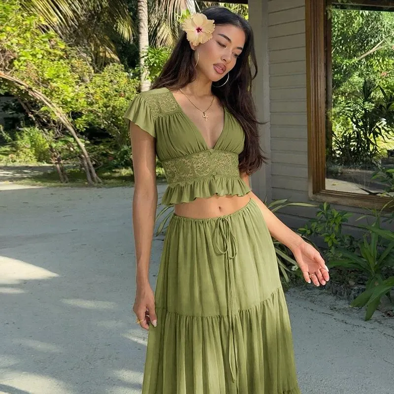 Women Summer Short Sleeve V Neck Tops Long Skirt Beach Vacation Chiffon Two Piece Set Outfit Women Summer Short Sleeve V Neck Tops Long Skirt Beach Vacation Chiffon Two Piece Set Outfit