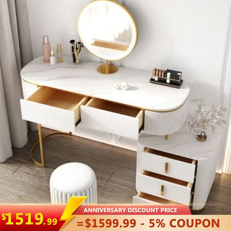Homemys White Nordic Makeup Vanity Stone Top 5-Drawer Dressing Table
