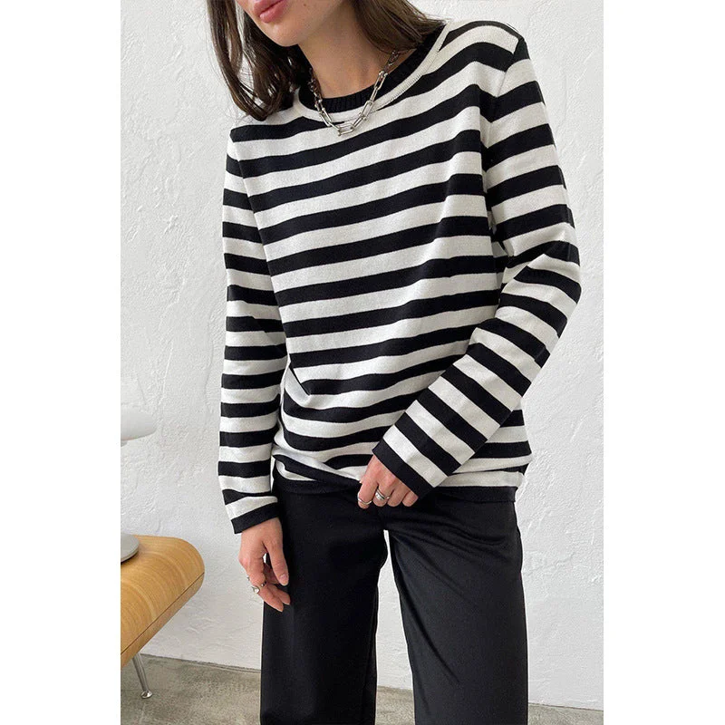 Uveng Knitted Striped Versatile Classic Retro Pullover Sweaters