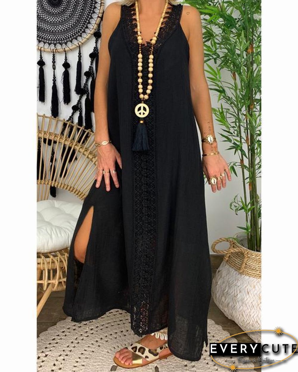 Women Solid V Neck Sling Sleeveless Lace Maxi Dress