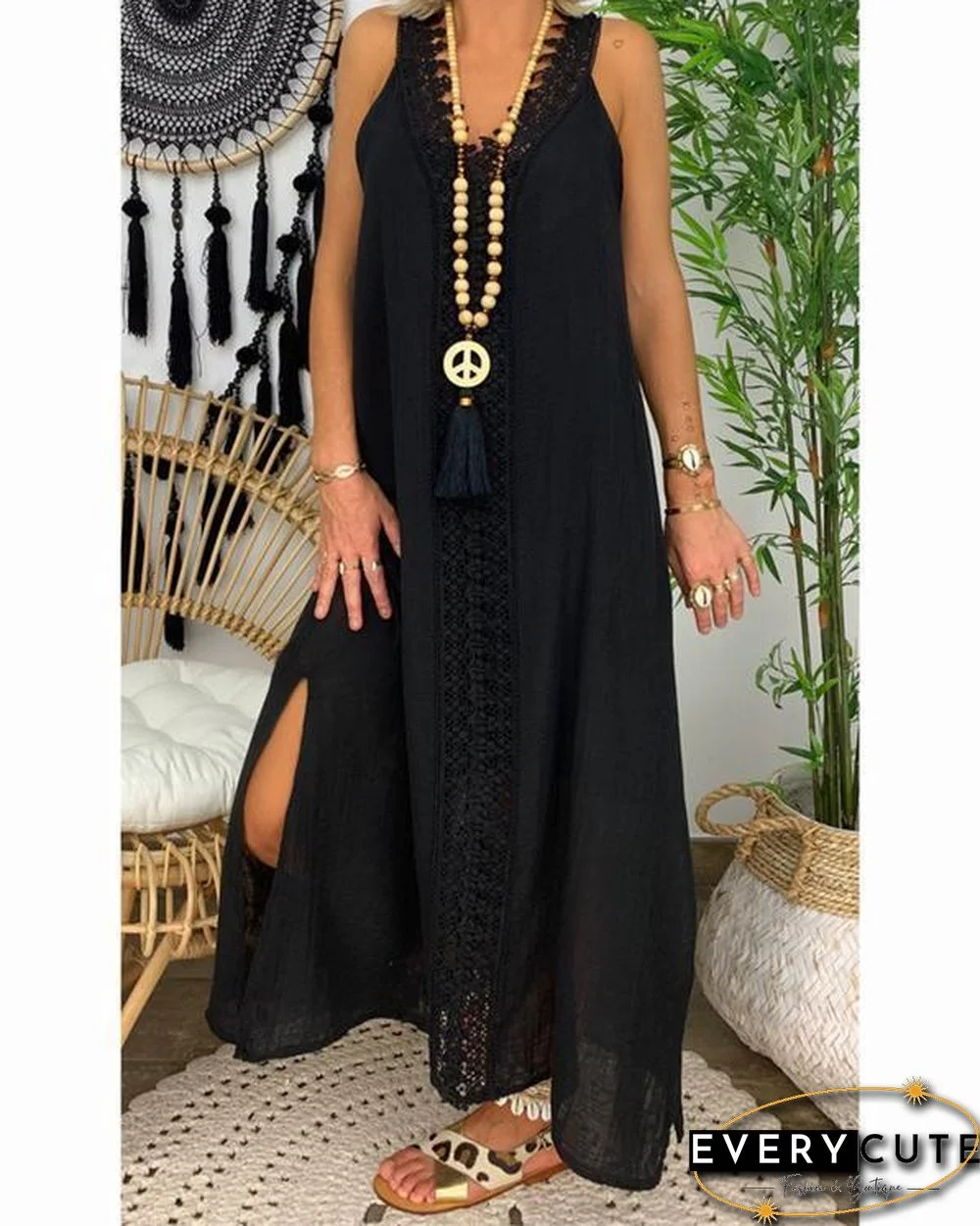 Women Solid V Neck Sling Sleeveless Lace Maxi Dress