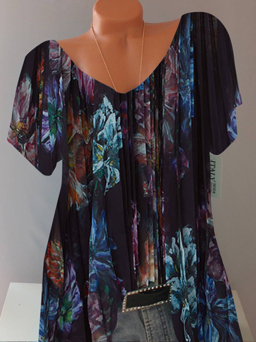 Women's Casual Short Sleeve Scoop Neck Floral Printed Striped Printed Tops T-shirt