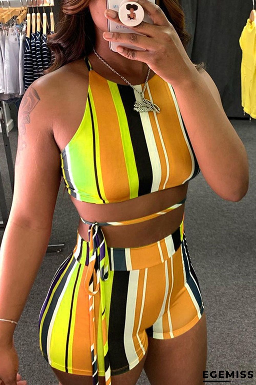 Yellow Sexy Casual Striped Print Backless O Neck Sleeveless Two Pieces | EGEMISS