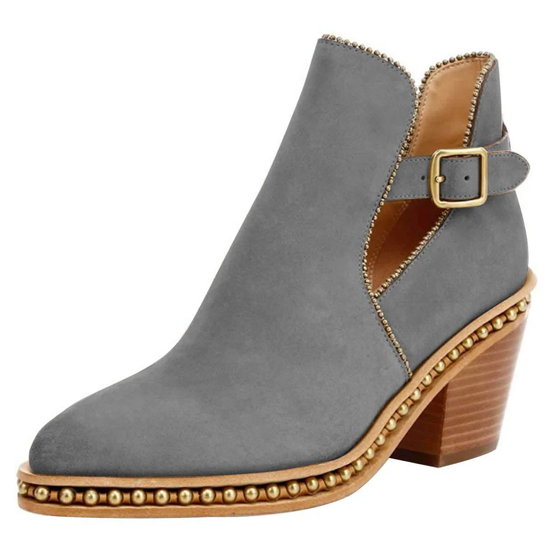 Grey Vegan Suede Studded Stacked Heeled Booties with Buckle Strap