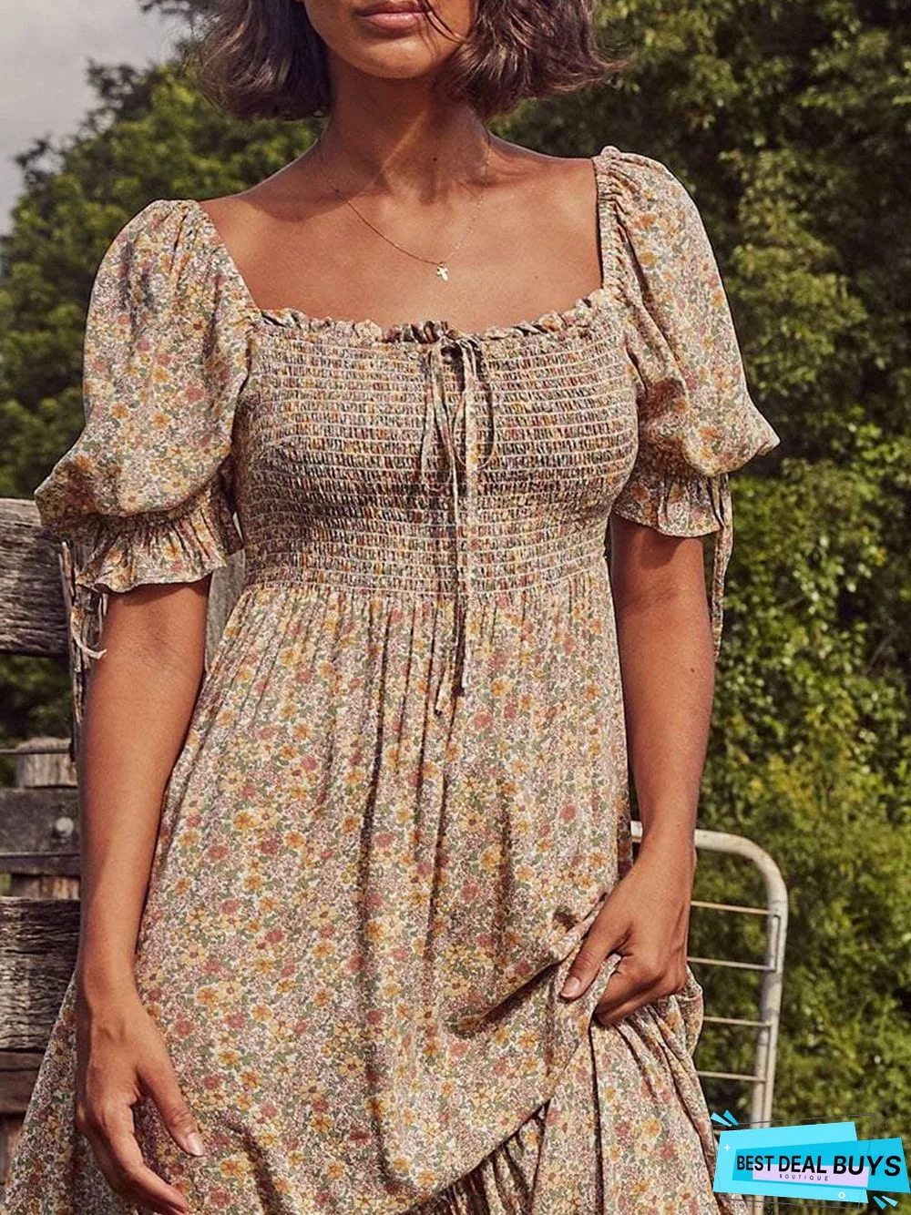 Flower Cotton-Blend Square Neck Vintage Floral Weaving Dress