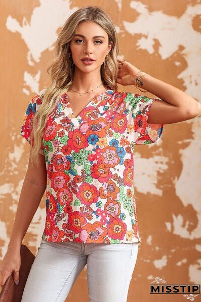 Printed Notched Short Sleeve Blouse
