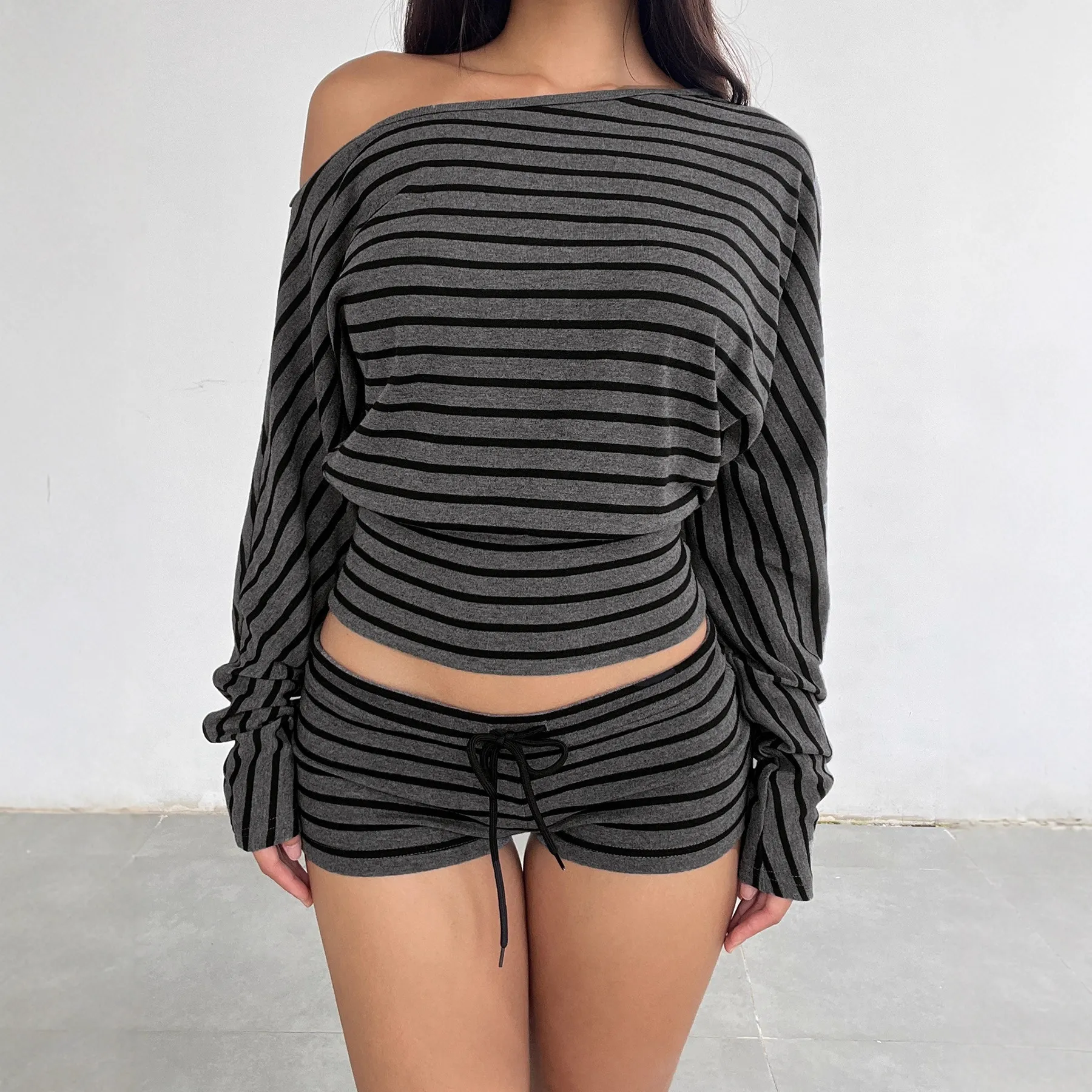 Women's Striped Off-Shoulder Loungewear Set