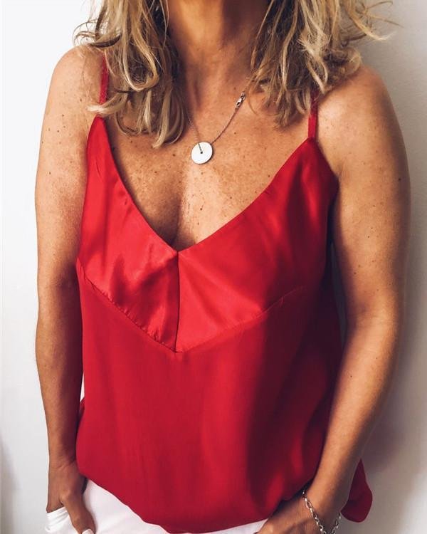 Casual V Neck Solid  Sleeveless T-shirts Vest Tops