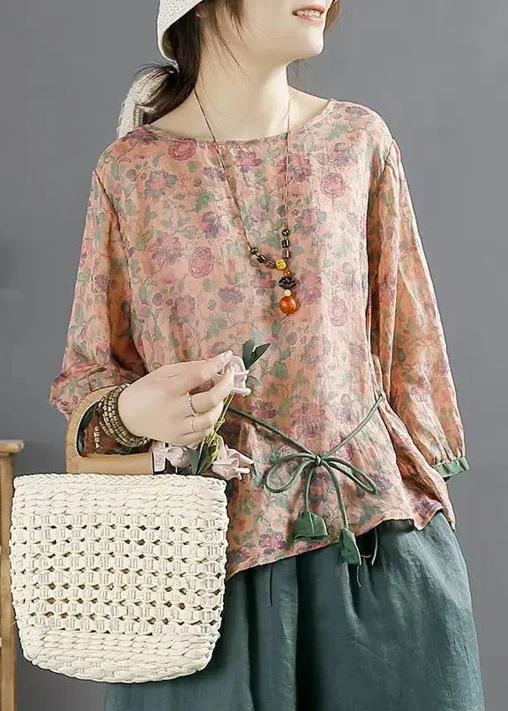 Pink Print Patchwork Linen Top O Neck Lace Up Summer