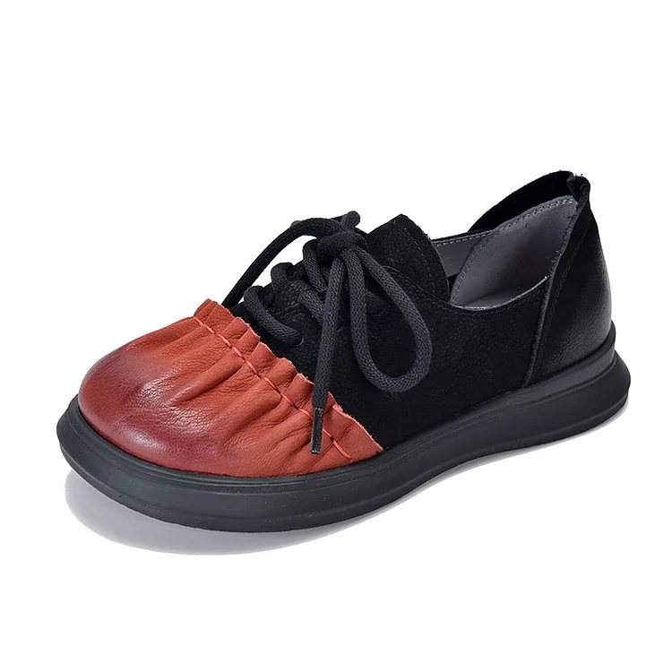 Cowhide Leather Wrinkle Splicing Lace Up Flats