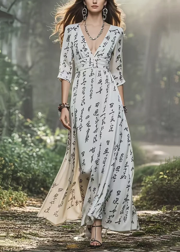 Women White V Neck Print Chiffon Dress Bracelet Sleeve