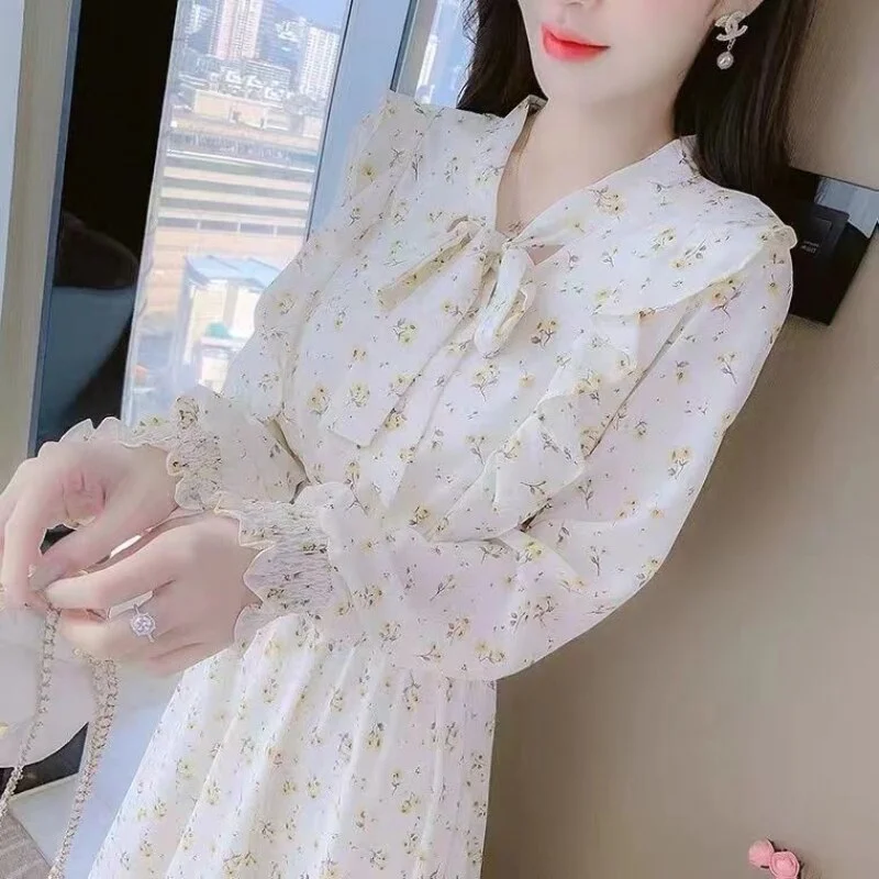 Jangj Tie Blue Flowers Korean Style Dress Spring Summer Casual Dress Side of Fungus Short Sleeve Dress for Female Fashion Clothing