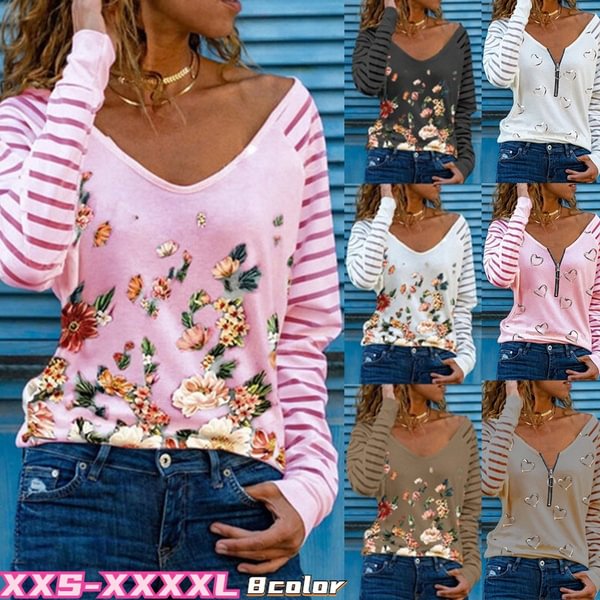 Spring and Autumn New Fashion Women's Printed Zipper V-neck Long Sleeve Casual T-shirt Loose Plus Size Soft and Comfortable Thin Shirt - BlackFridayBuys