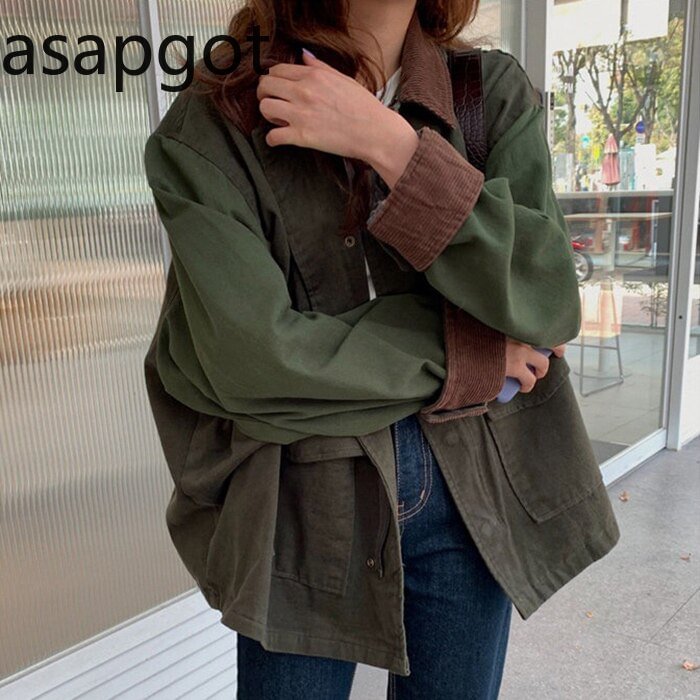 Korean Thick Autumn Vintage Lapel Casual Style Loose Full Lantern Sleeve Coats and Jackets Women Army Green Streetwear - BlackFridayBuys