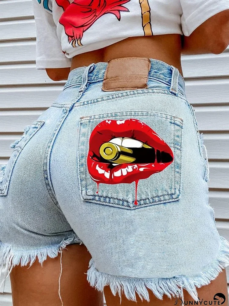 Denim Shorts Casual Mouth Bite Bullet Print Denim Short for Women