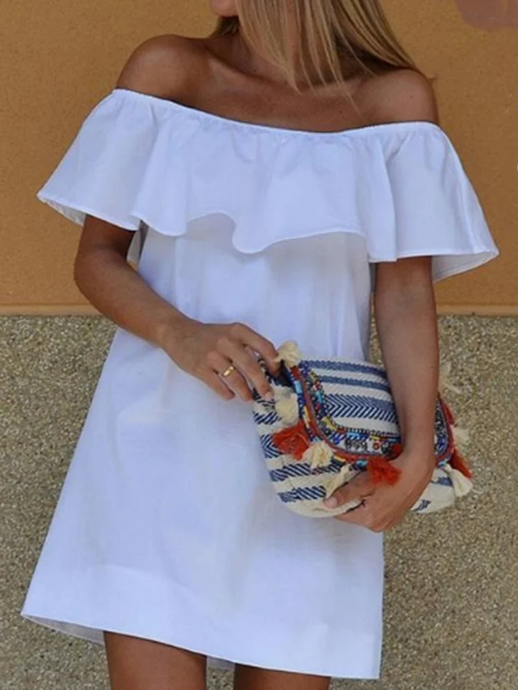 Pure color casual off-the-shoulder dress