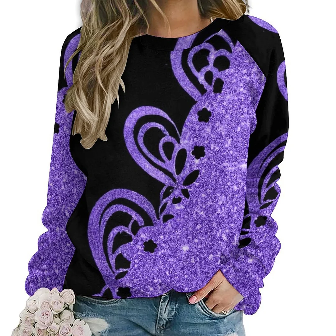 Printed Long Sleeve Casual Sweatshirt for  Women and Men Unisex Pattern Purple, Floral, Glitter