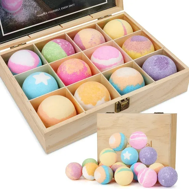 Efloral Wooden Box Bath Bombs Gift Set Perfect for Bubble & Spa Bath Birthday Gifts for Boys, Girls Kids, Mom, Christmas Gift