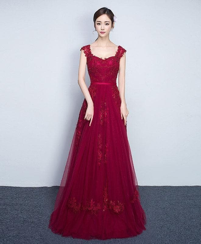 Burgundy Sweetheart Tulle Lace Long Prom Dress, Bridesmaid Dress