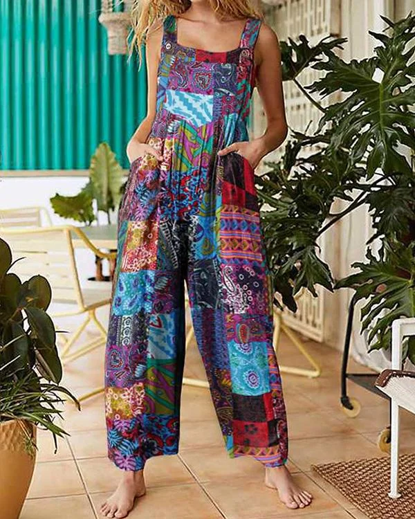 plus size loose ethnic print straps pockets vintage jumpsuit for women p321234