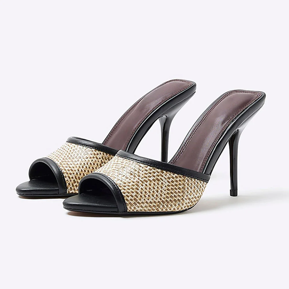 Black & Beige Raffia Peep Toe Stiletto Heel Slide Shoes for Women
