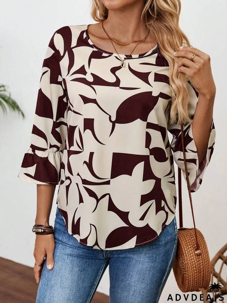Women's Geometric Pattern Seven-Quarter Sleeve Round-Neck Shirt