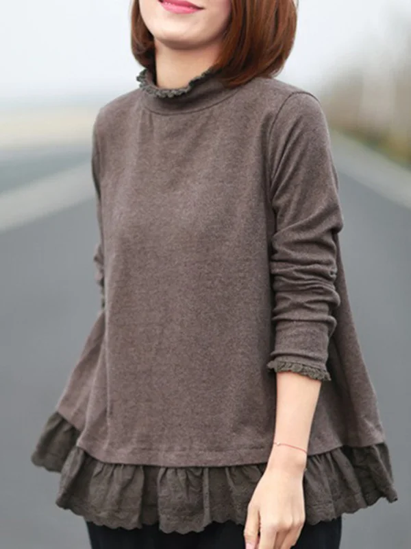 Original Creation Long Sleeves Loose Ruffled Solid Color Stand Collar T-Shirts Tops