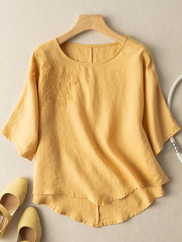 Solid Color Round Neck Short Sleeve Linen Blouses