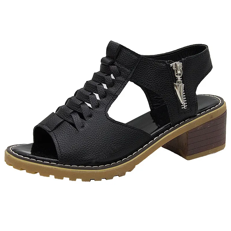 Breakj Breakj Summer New Women's Shoes Korean Version Of Coarse Sandals Side Zipper Leisure Slope And Solid Color Coarse Large-Size Sandals Women