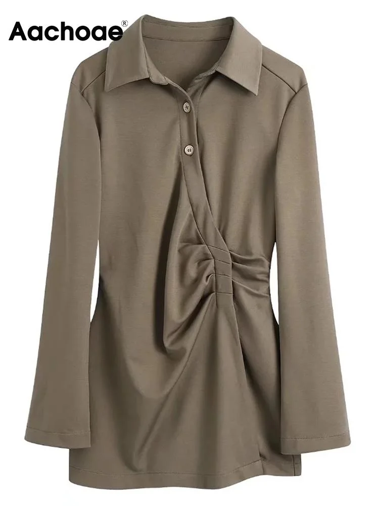 Aachoae Women Casual 2 Piece Sets Turn Down Collae Long Sleeve Pleated Shirts Tops With High Wasit Boot Cut Pant Ladies Outfit