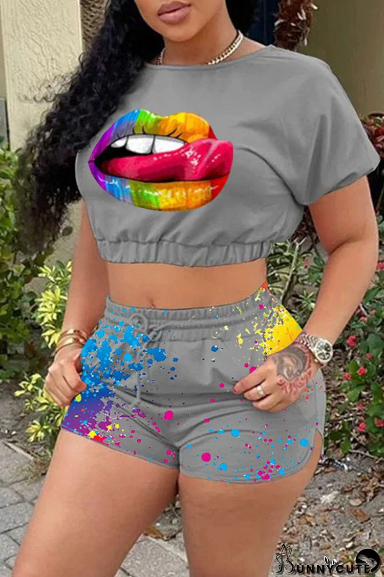 Grey Fashion Casual Lips Printed Basic O Neck Short Sleeve Two Pieces