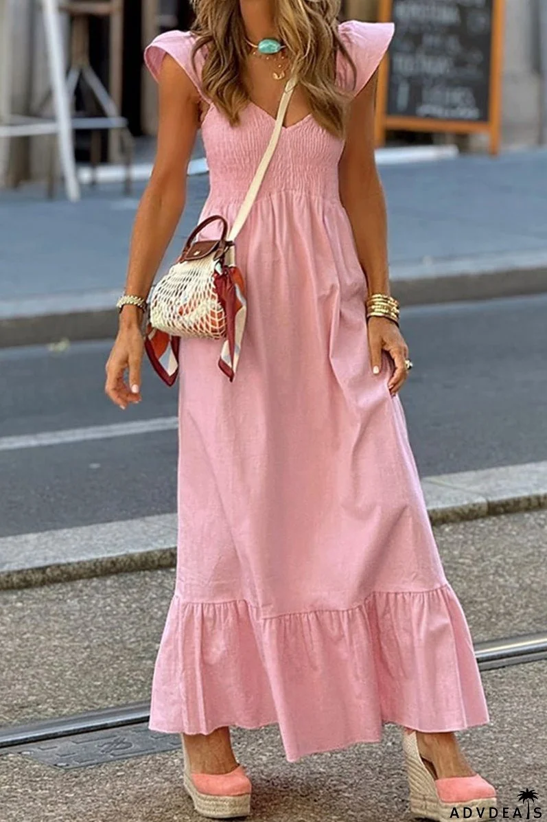 Casual Solid Color Ruffle V Neck A Line Dresses
