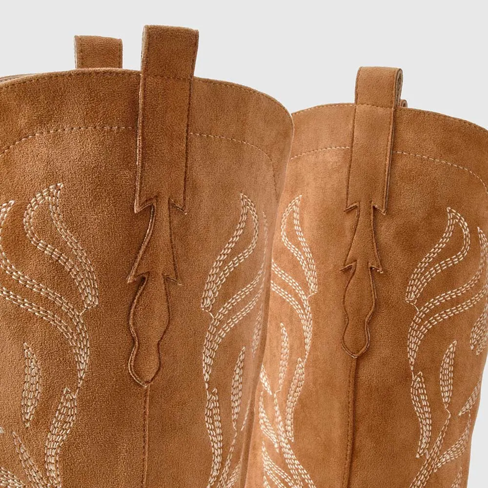 Brown Square Toe Chunky Heel Embroidered Cowboy Boots for Women