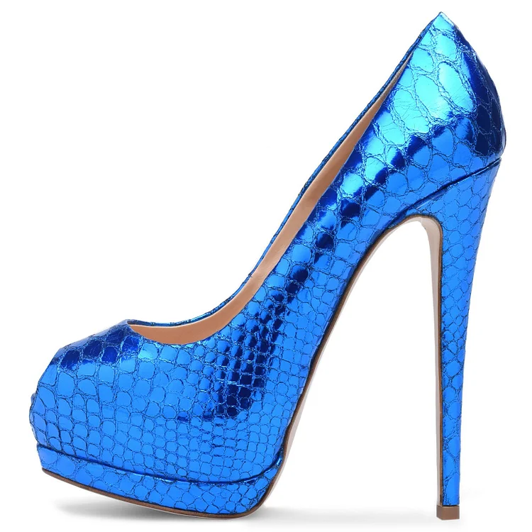 Metallic Blue Snakeskin Stiletto Heels Peep Toe Platform Pumps |FSJ Shoes