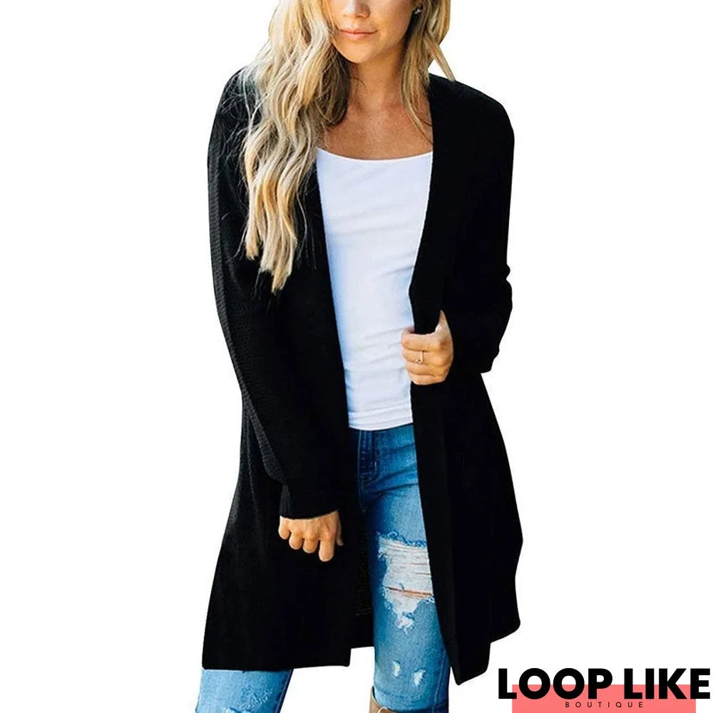 Solid Color Long Women's Long Sleeve Front Cardigan Hooded Knitted Sweater Cardigan Double Pockets