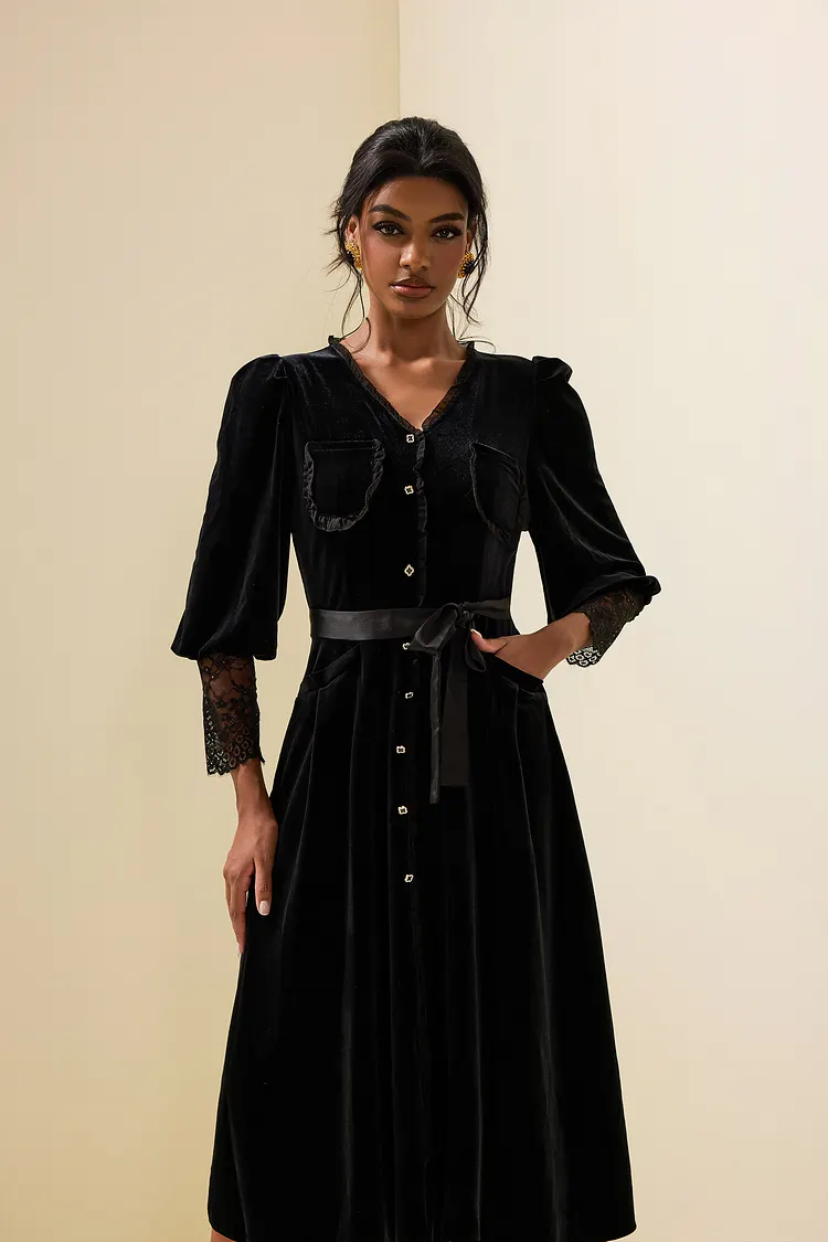 Lace Collar Soft Velvet Dress